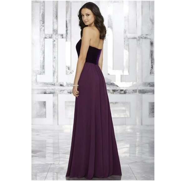 Morilee Madeline Gardner Velvet Chiffon Strapless Plum Bridesmaid Prom Gown - Picture 6 of 12